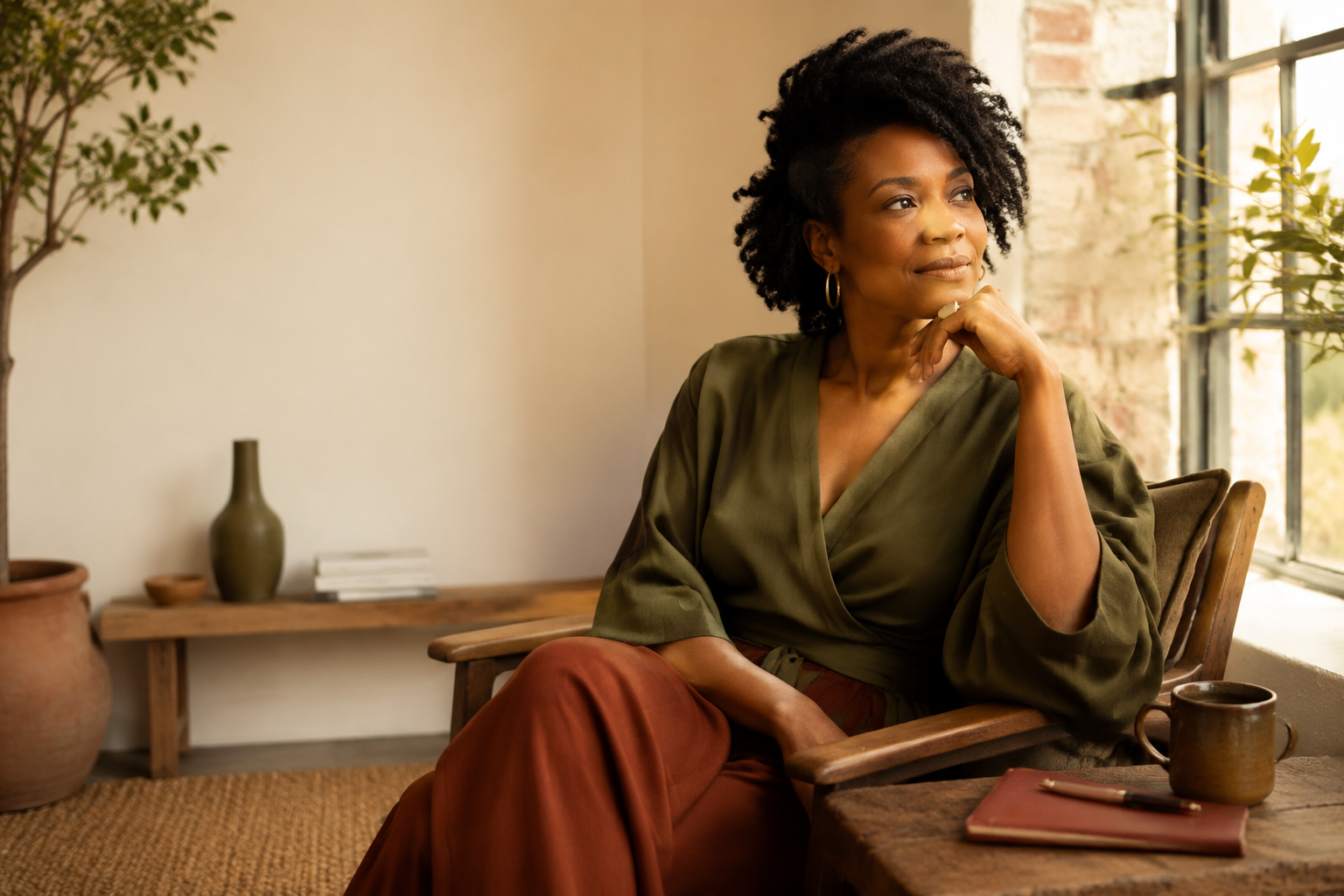A Black woman seated thoughtfully beside a sunlit window