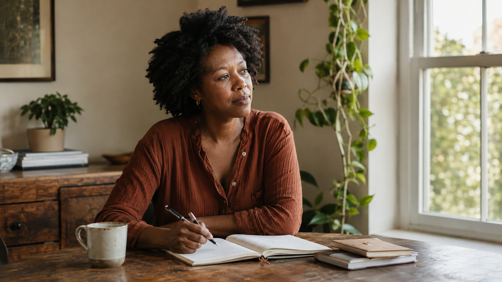 A woman reflecting and writing at a sunlit table